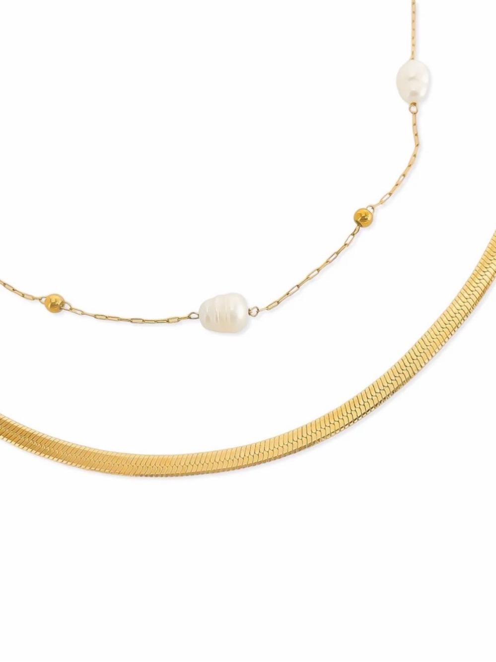 Gold Plated & White Pearl Layered Necklace - Women's Jewelry